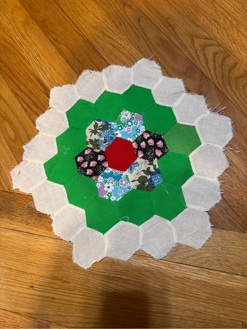 Handmade Hexagon Floral Patchwork Quilt Piece - Red & Green Accent